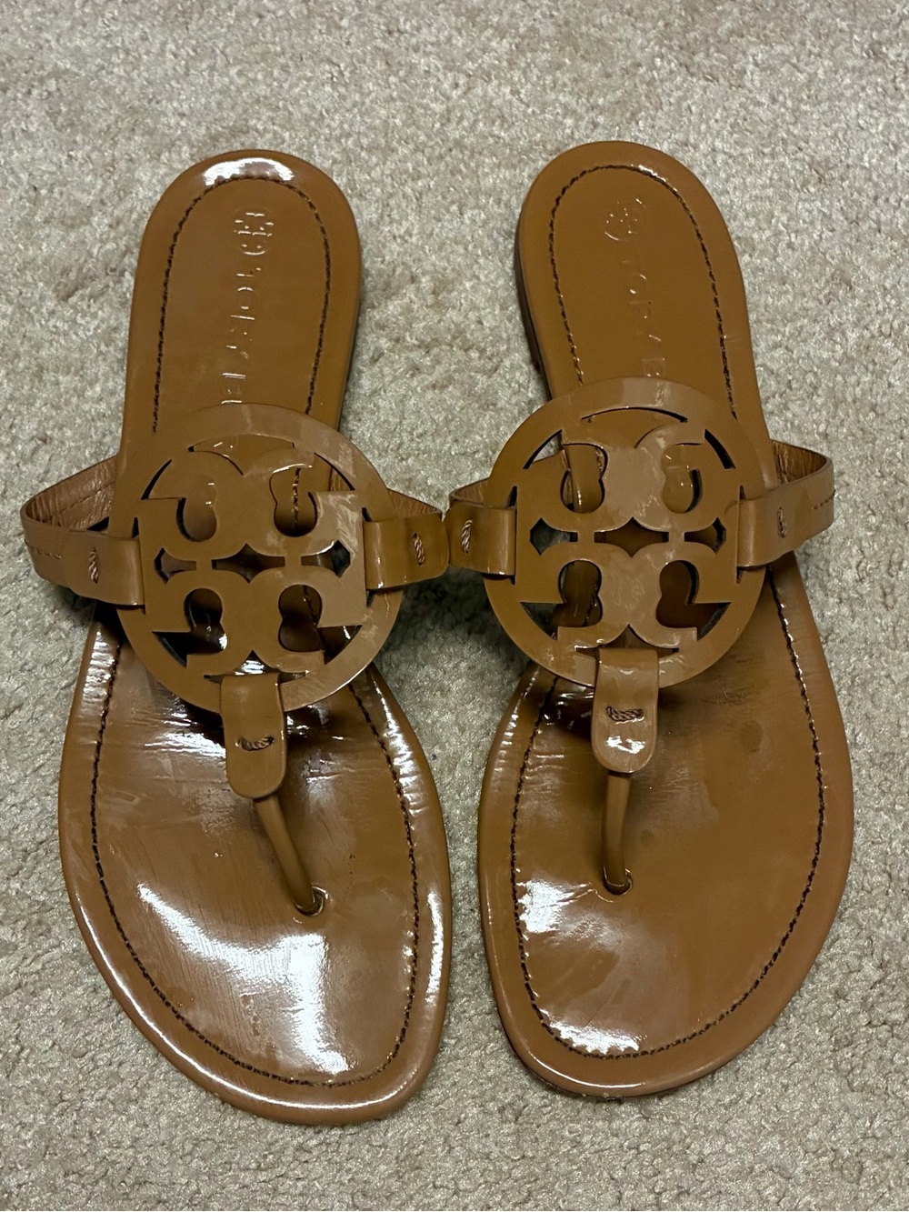 Tory Burch Tan Patent Leather Miller Thong Sandals